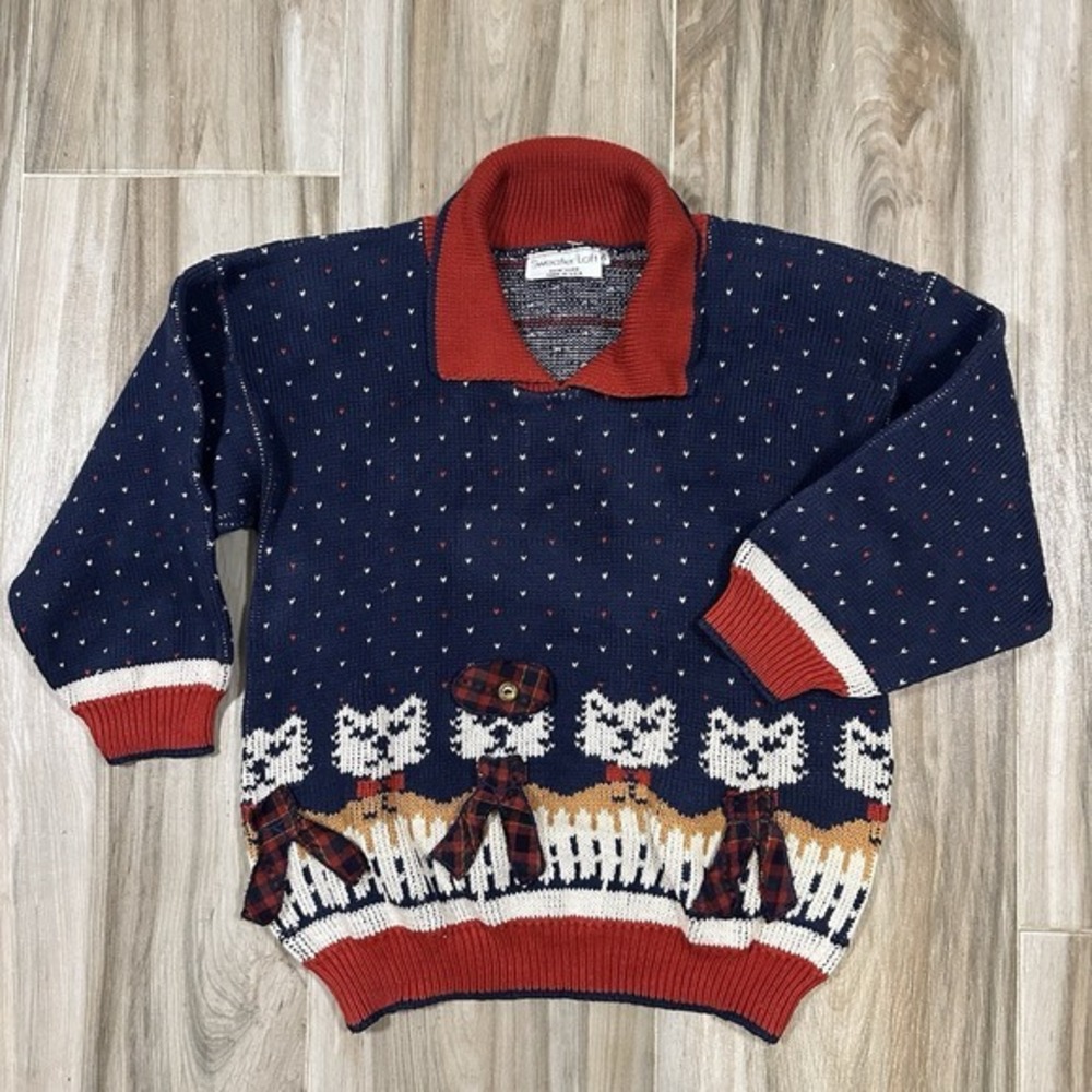 VTG Sweater Loft Knit Crazy Cat Lady Collar 90s Y2K‎ Small Twee Grandma Holiday